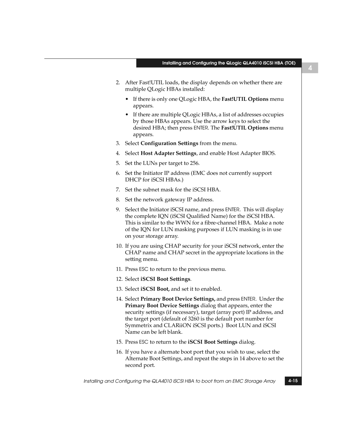 EMC QLogic manual Select Configuration Settings from the menu, Select iSCSI Boot Settings 