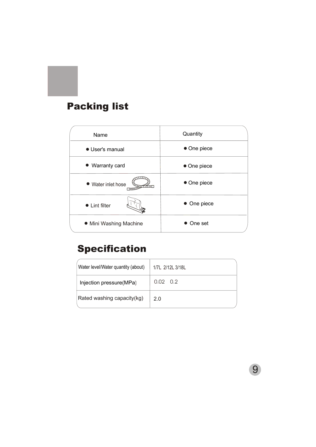 Emerald Innovations EW-2500MG manual Packing list, Specification 