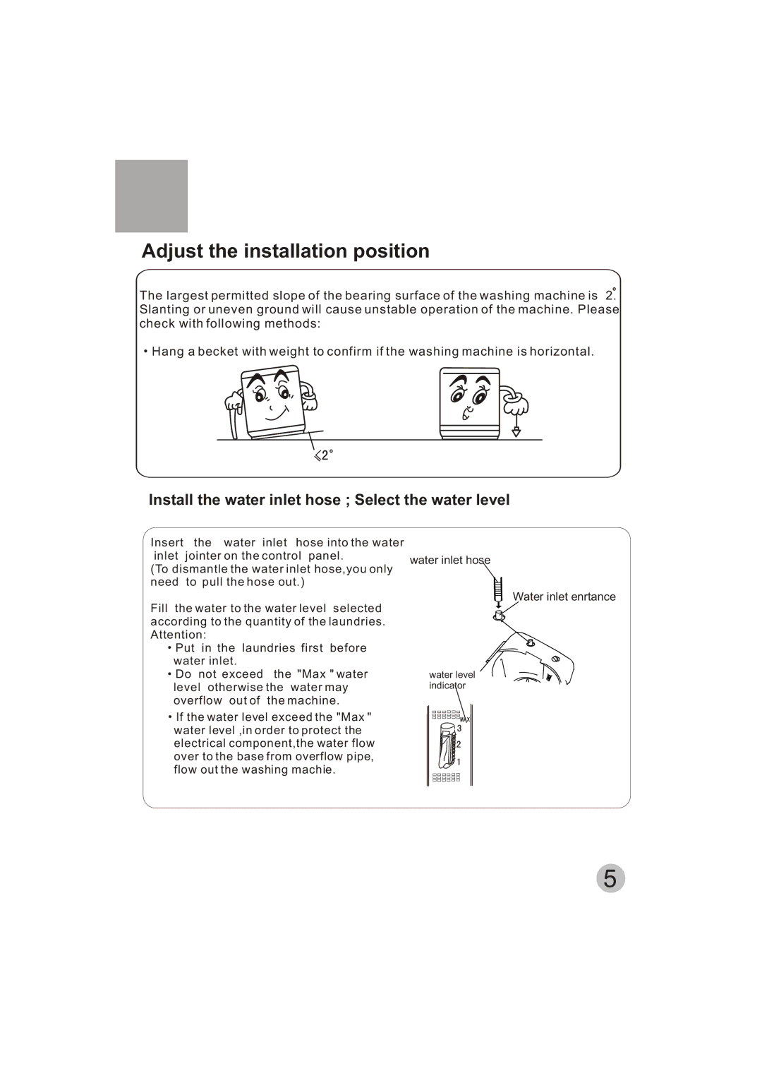 Emerald Innovations EW-2500MG manual Adjust the installation position, Install the water inlet hose Select the water level 