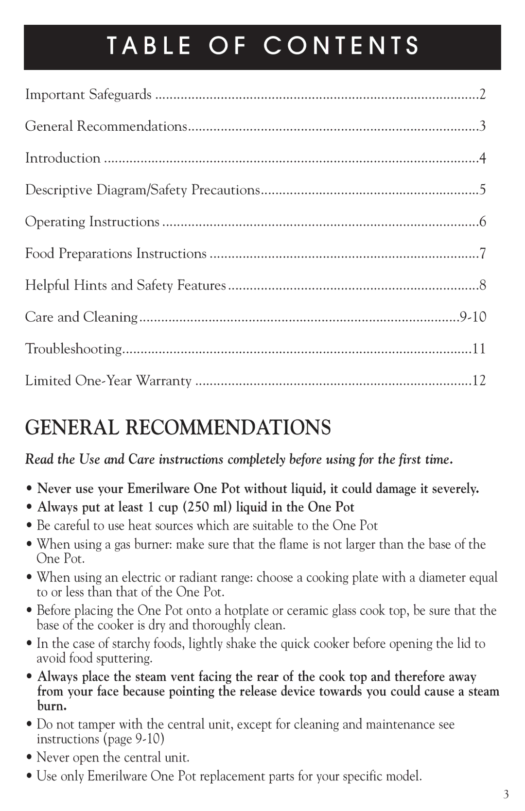 Emerilware 20010 manual B L E O F C O N T E N T S, Always put at least 1 cup 250 ml liquid in the One Pot 