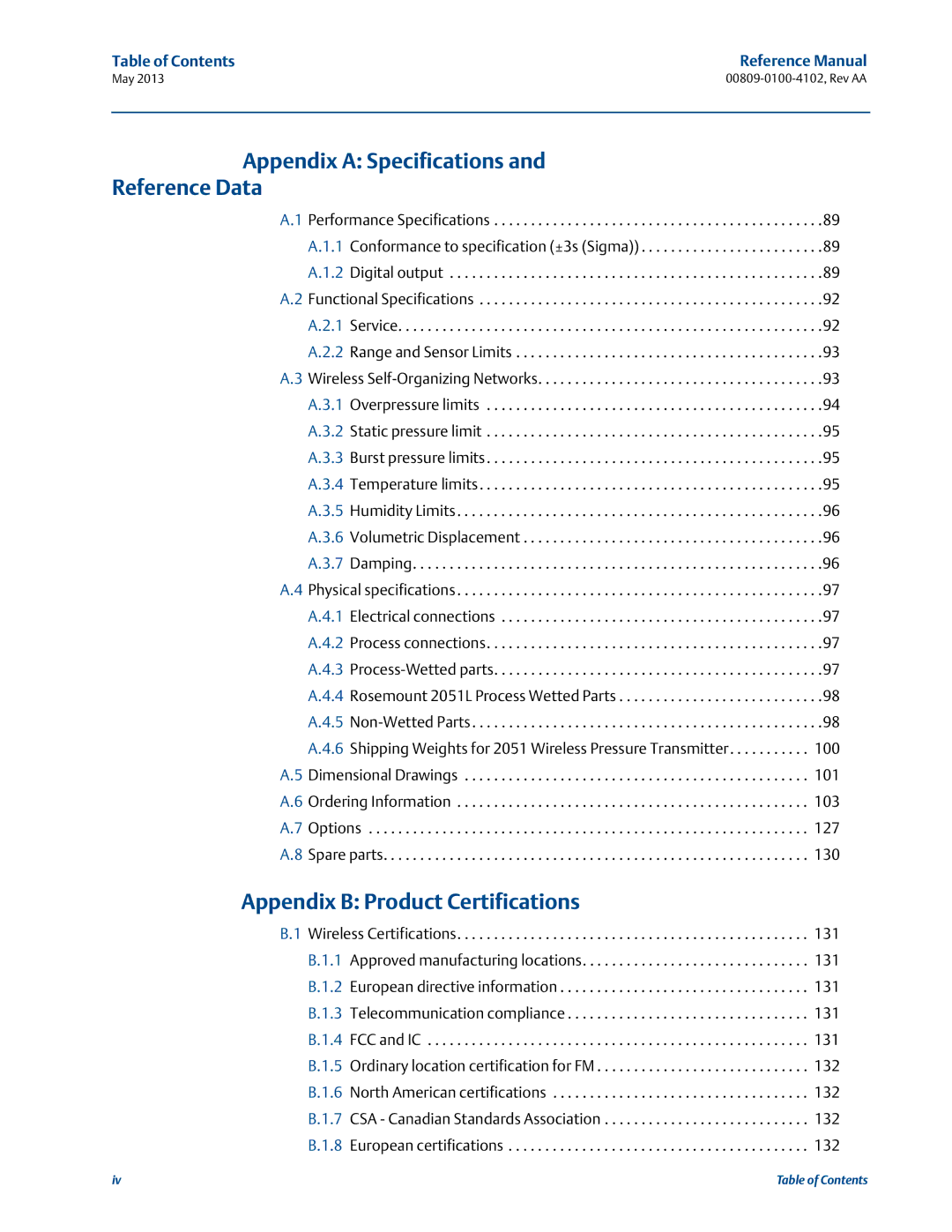 Emerson 00809-0100-4102 manual Appendix a Specifications Reference Data, Appendix B Product Certifications 