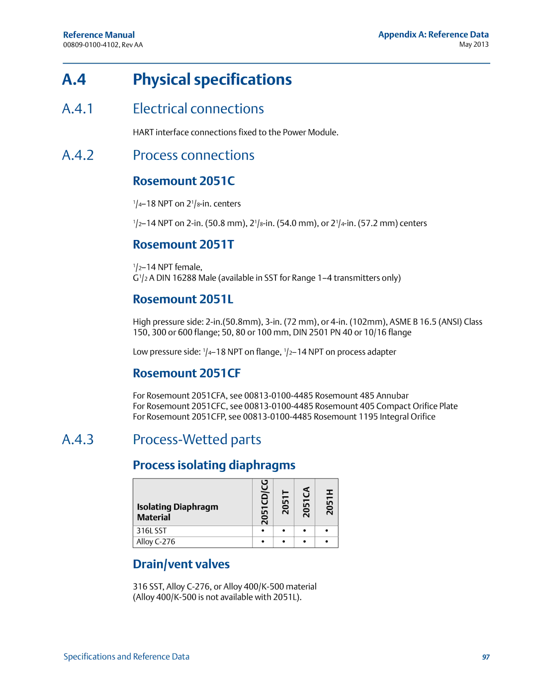 Emerson 00809-0100-4102 manual Physical specifications, Electrical connections, Process-Wetted parts 