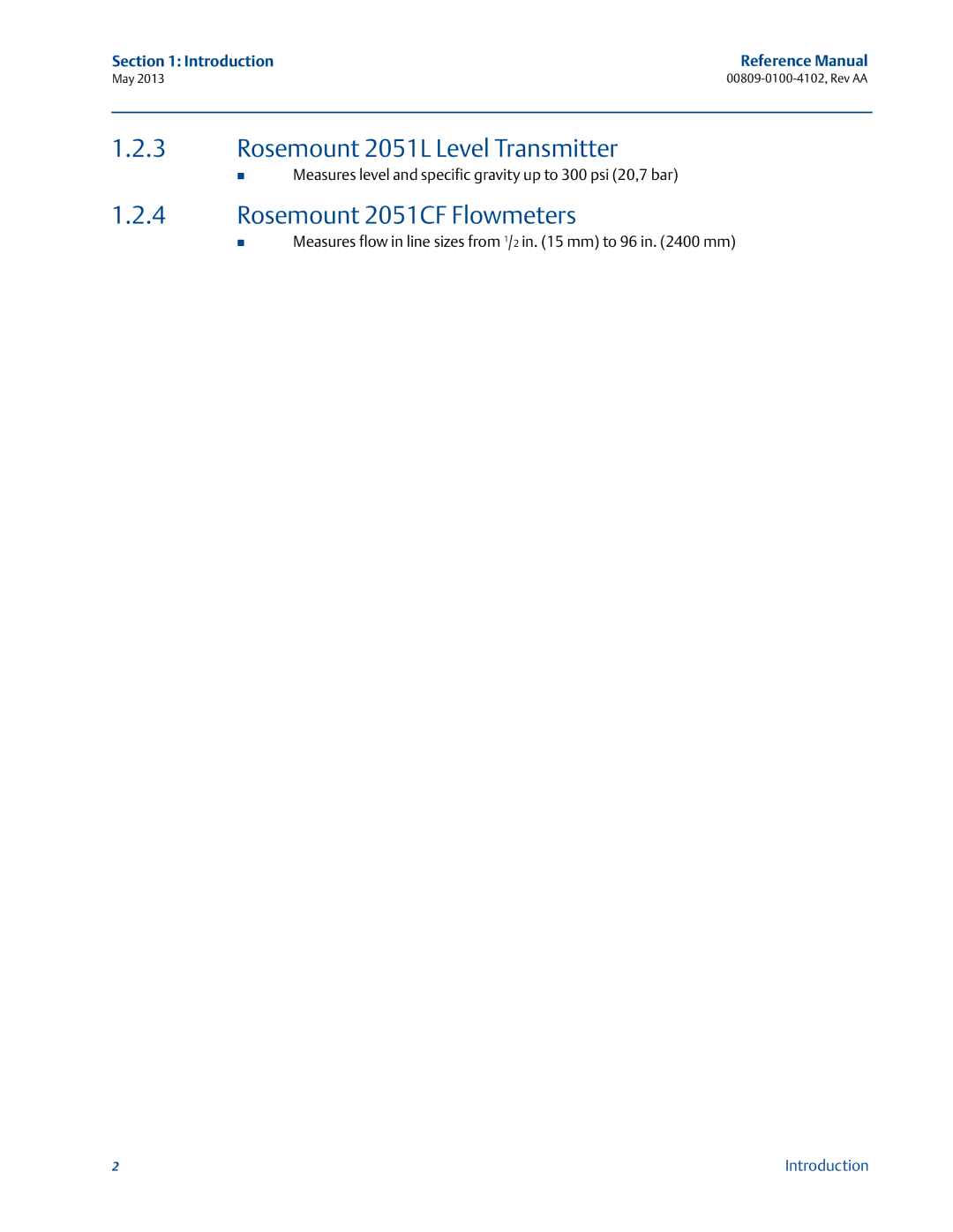 Emerson 00809-0100-4102 Rosemount 2051L Level Transmitter, Rosemount 2051CF Flowmeters, Introduction Reference Manual 