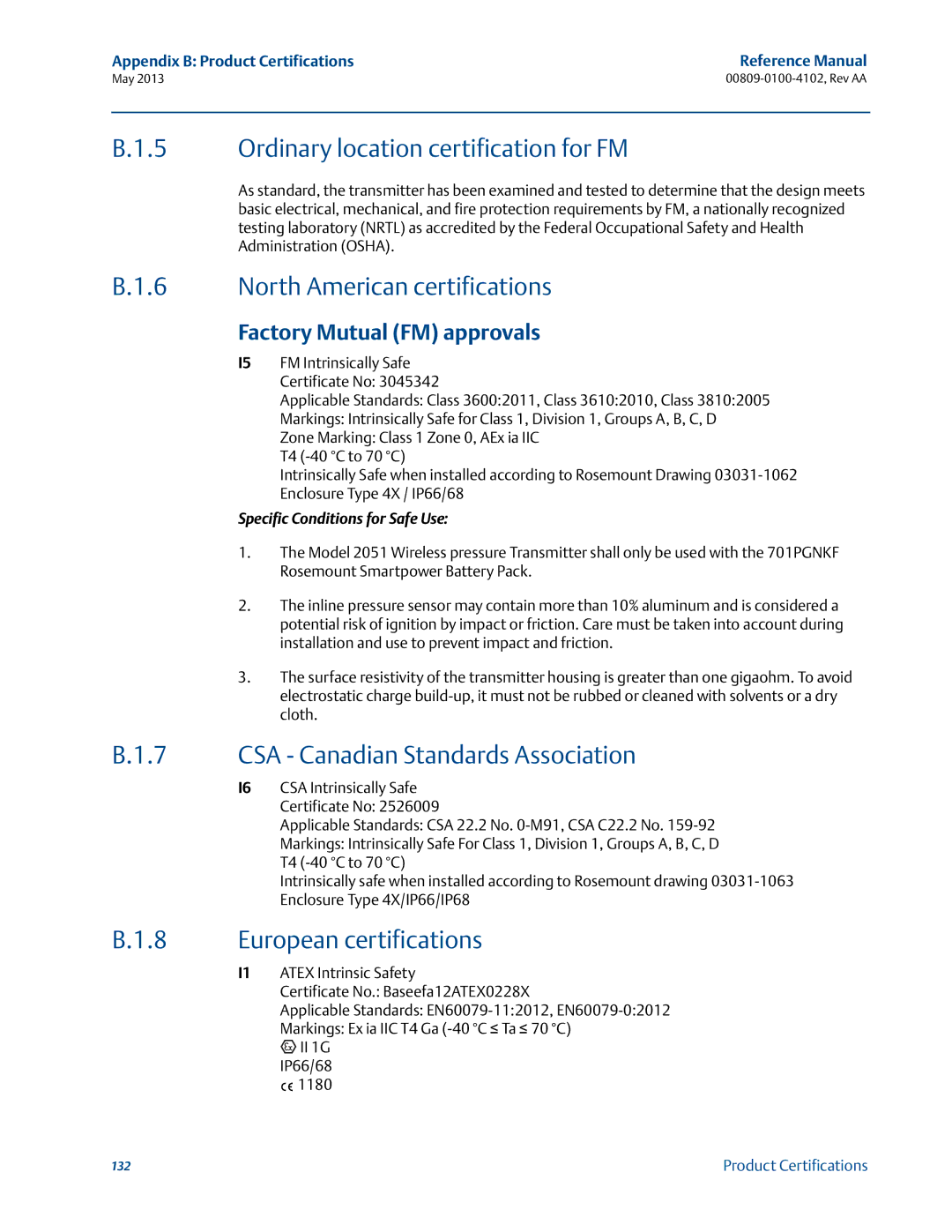 Emerson 00809-0100-4102 Ordinary location certification for FM, North American certifications, European certifications 