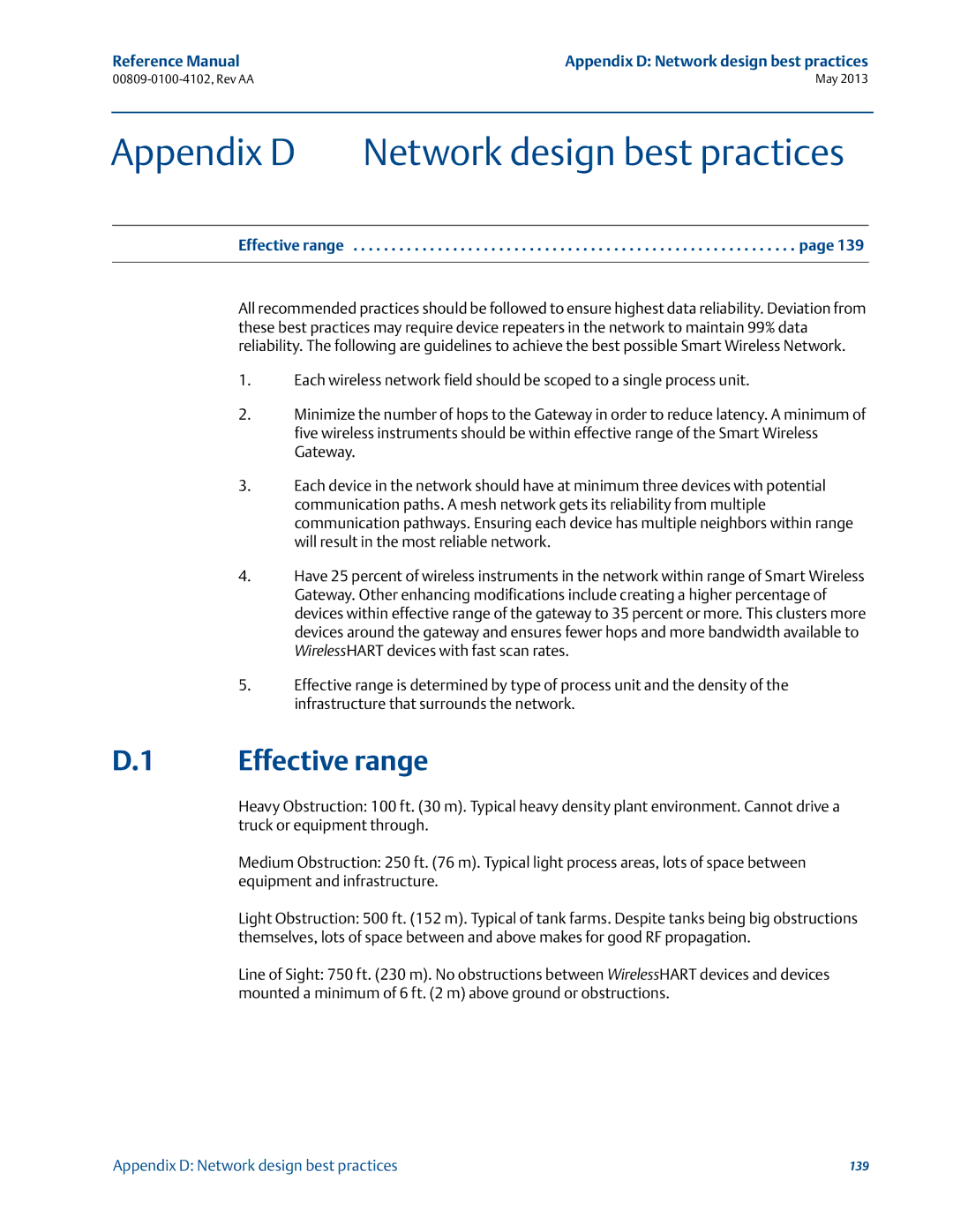 Emerson 00809-0100-4102 manual Appendix D Network design best practices, Effective range 