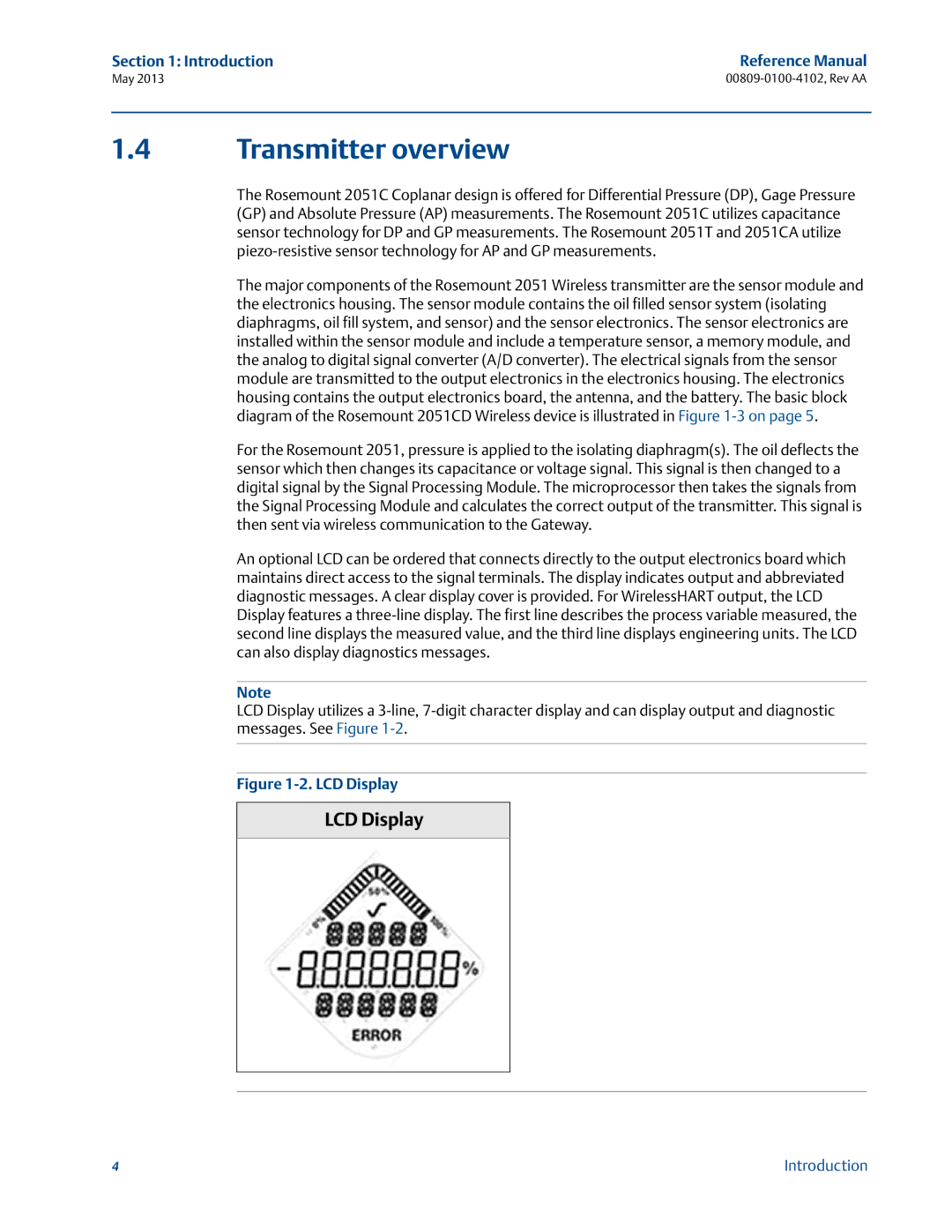 Emerson 00809-0100-4102 manual Transmitter overview, LCD Display 