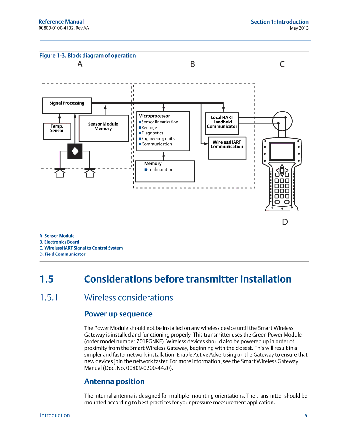 Emerson 00809-0100-4102 manual Considerations before transmitter installation, Wireless considerations, Power up sequence 