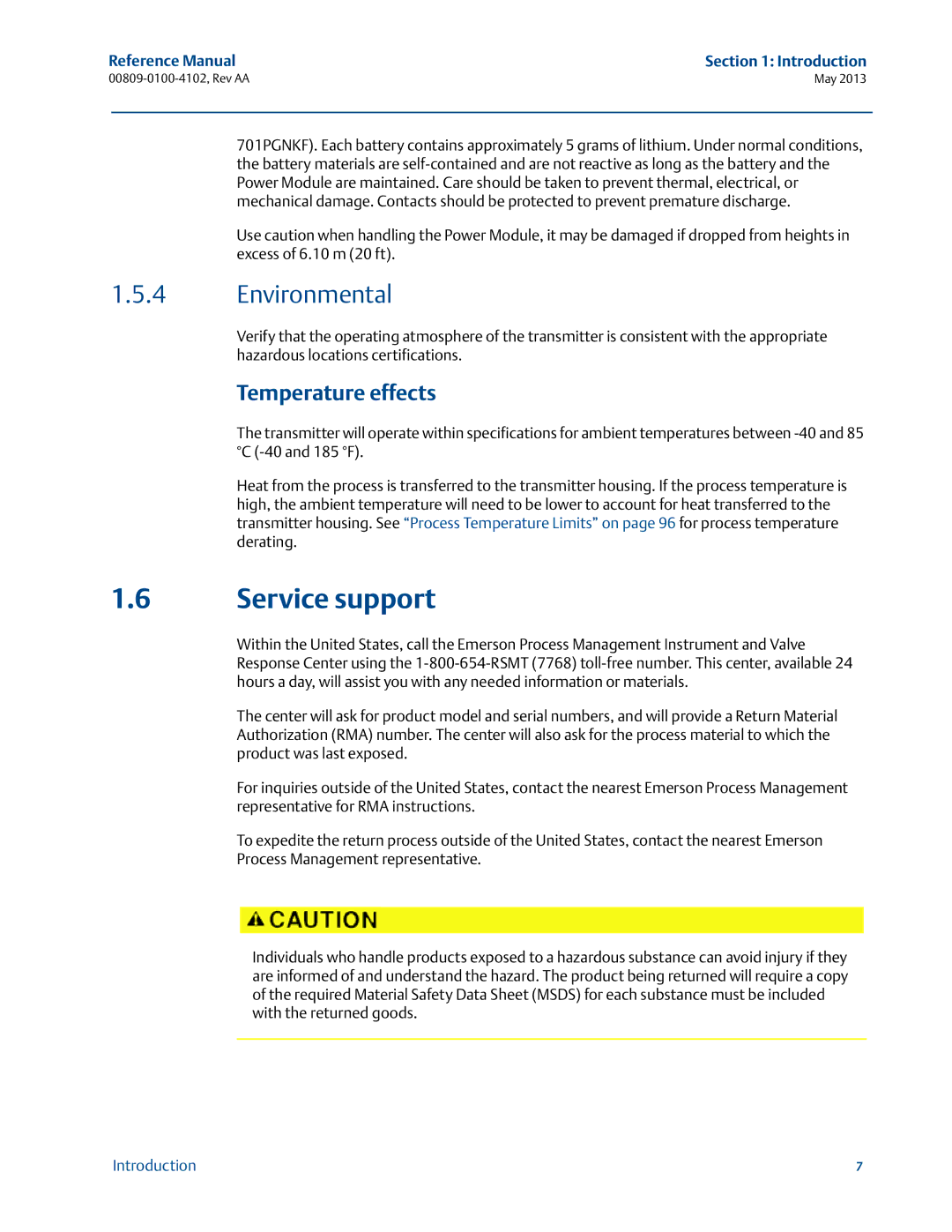 Emerson 00809-0100-4102 manual Service support, Environmental, Temperature effects 