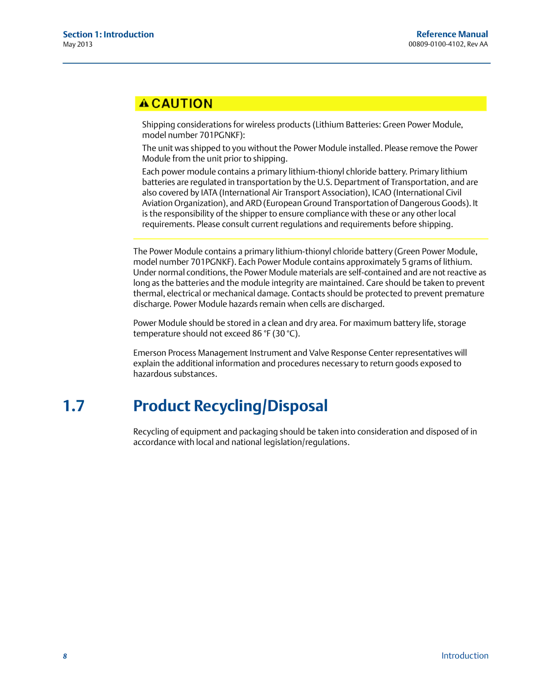 Emerson 00809-0100-4102 manual Product Recycling/Disposal 