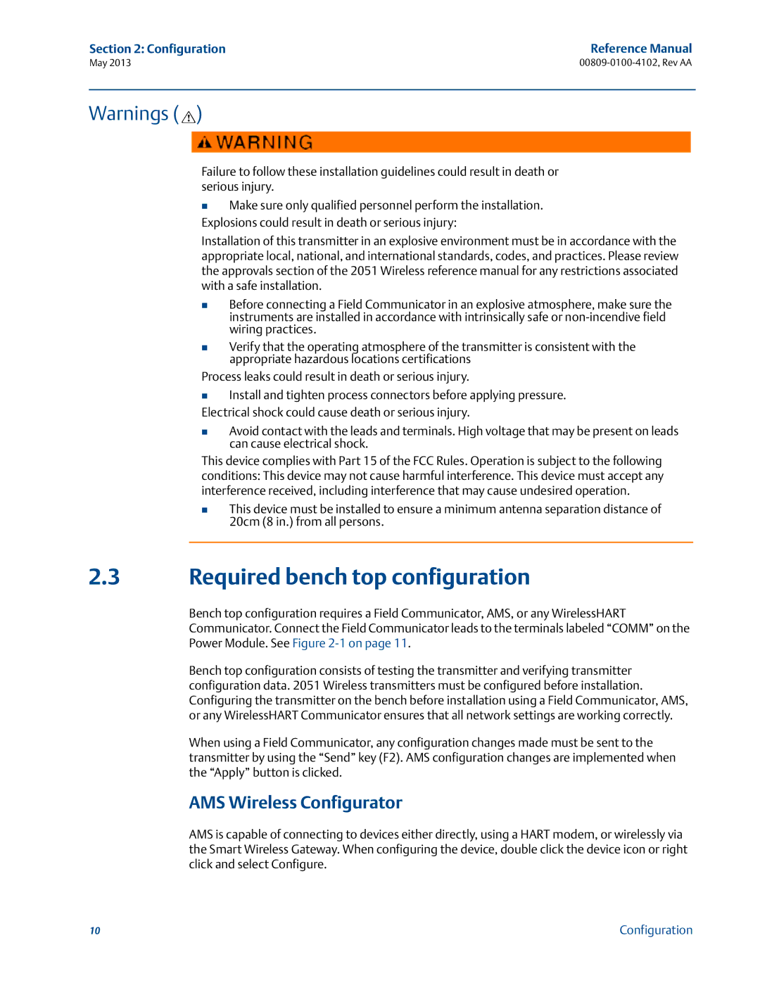 Emerson 00809-0100-4102 manual Required bench top configuration, AMS Wireless Configurator, Configuration Reference Manual 