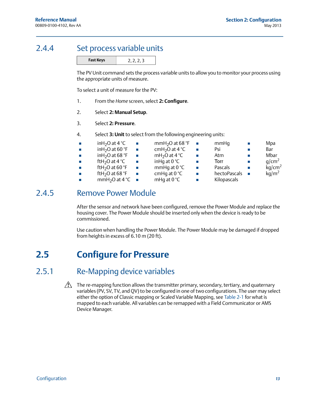 Emerson 00809-0100-4102 manual Configure for Pressure, Set process variable units, Remove Power Module 