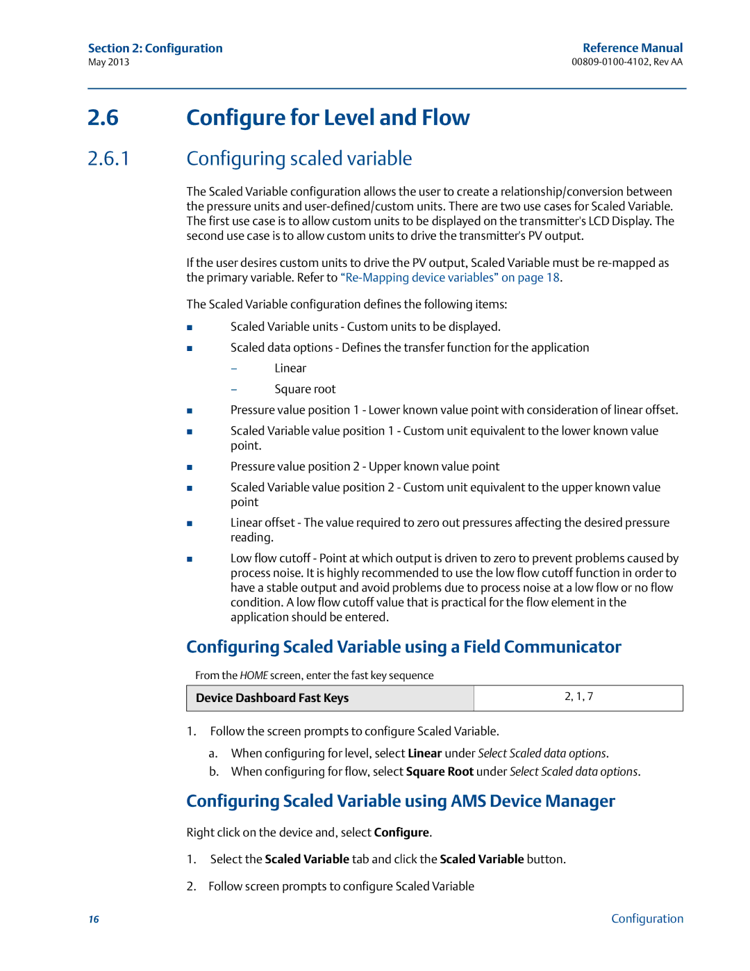 Emerson 00809-0100-4102 manual Configure for Level and Flow, Configuring scaled variable, Device Dashboard Fast Keys 