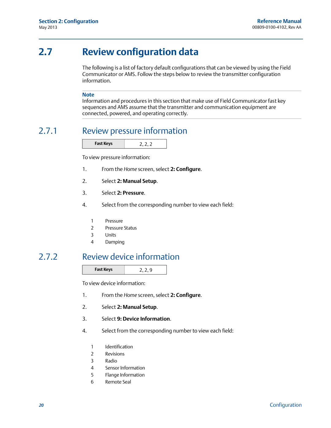 Emerson 00809-0100-4102 manual Review configuration data, Review pressure information, Review device information 