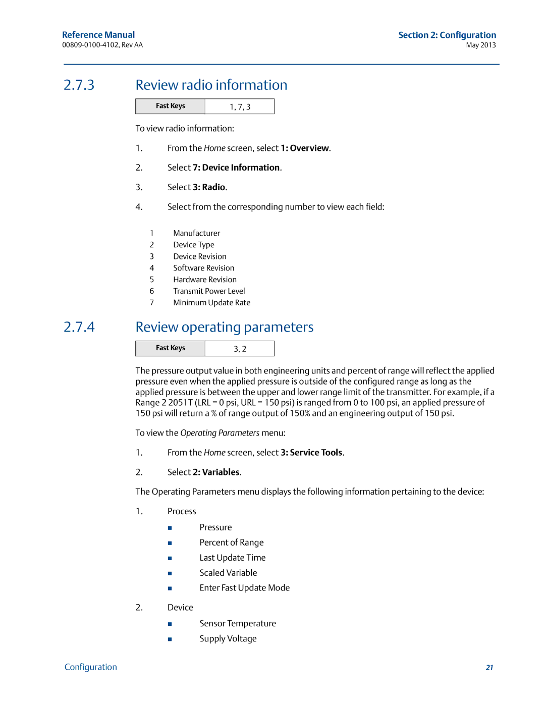 Emerson 00809-0100-4102 manual Review radio information, Review operating parameters, Select 7 Device Information 