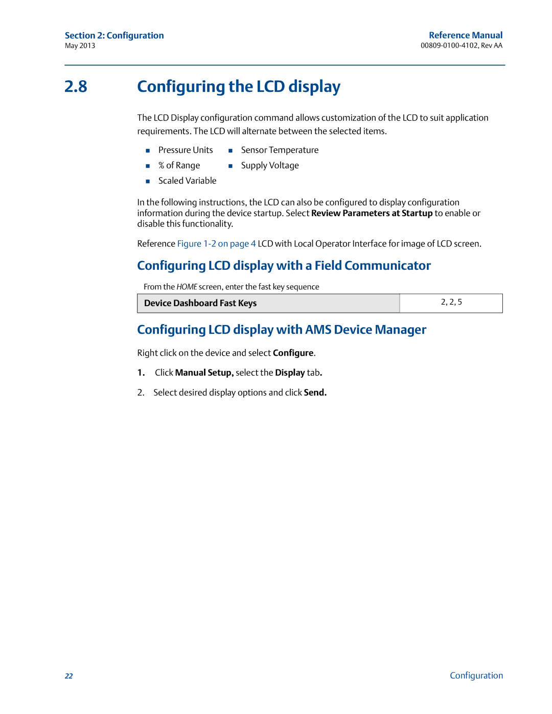 Emerson 00809-0100-4102 manual Configuring the LCD display, Configuring LCD display with a Field Communicator 