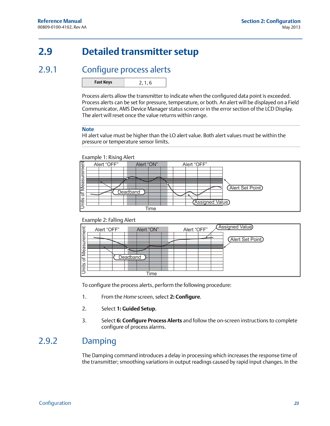 Emerson 00809-0100-4102 manual Detailed transmitter setup, Configure process alerts, Damping, Select 1 Guided Setup 