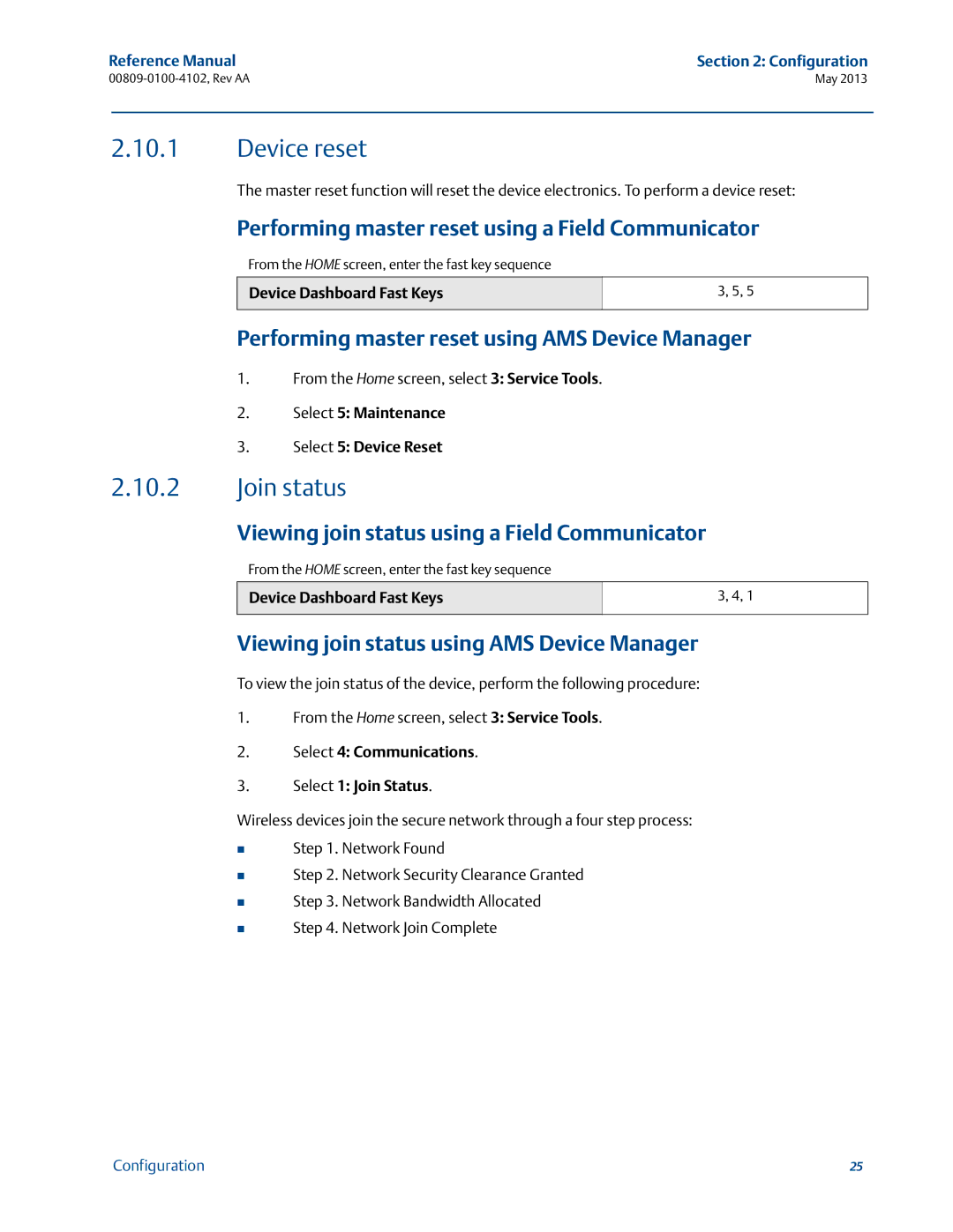 Emerson 00809-0100-4102 manual Device reset, Join status 