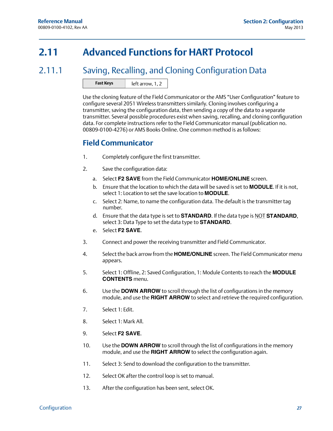 Emerson 00809-0100-4102 manual Advanced Functions for Hart Protocol, Saving, Recalling, and Cloning Configuration Data 