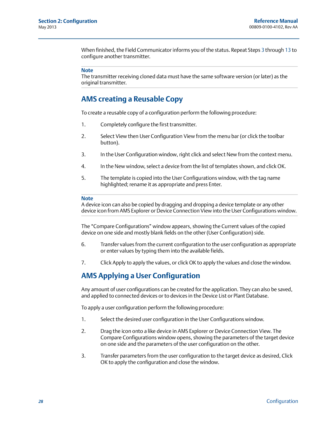 Emerson 00809-0100-4102 manual AMS creating a Reusable Copy, AMS Applying a User Configuration 