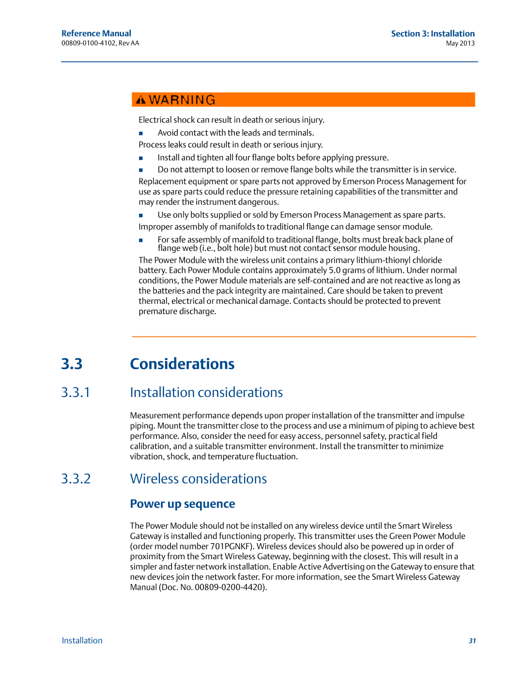 Emerson 00809-0100-4102 manual Considerations, Installation considerations, Reference Manual Installation 