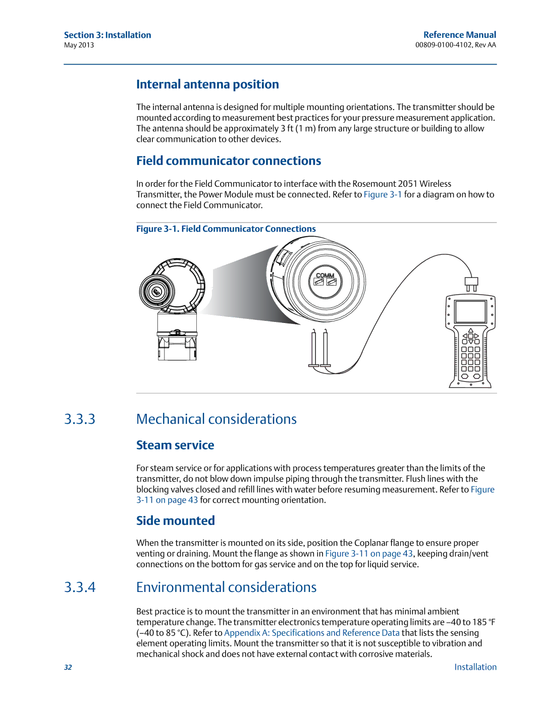 Emerson 00809-0100-4102 Mechanical considerations, Environmental considerations, Internal antenna position, Steam service 