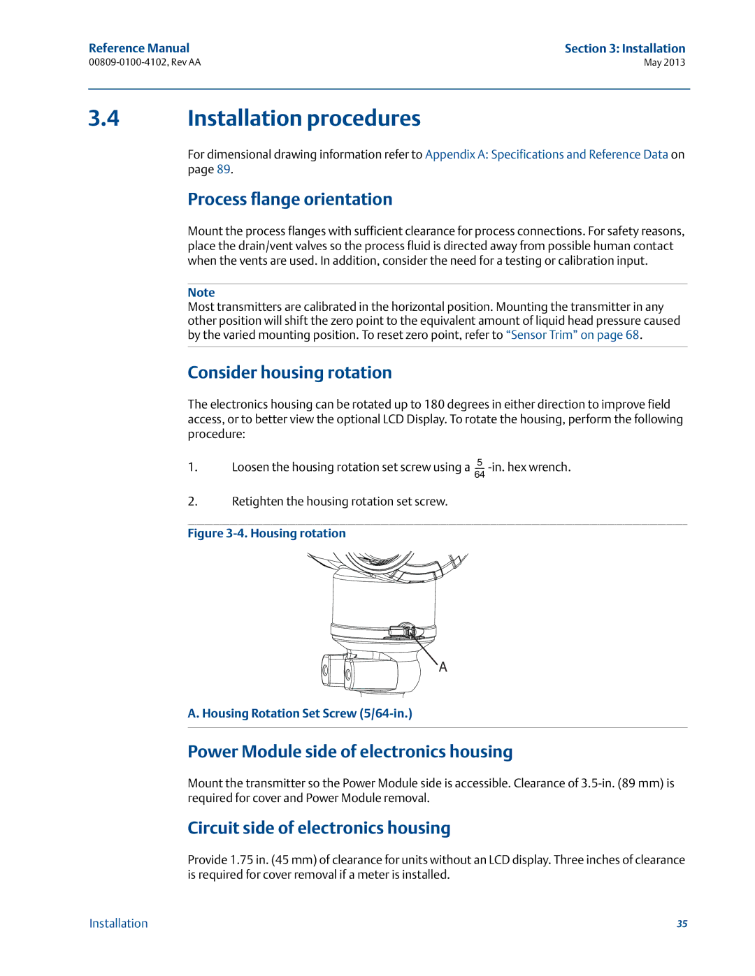 Emerson 00809-0100-4102 manual Installation procedures, Process flange orientation, Consider housing rotation 