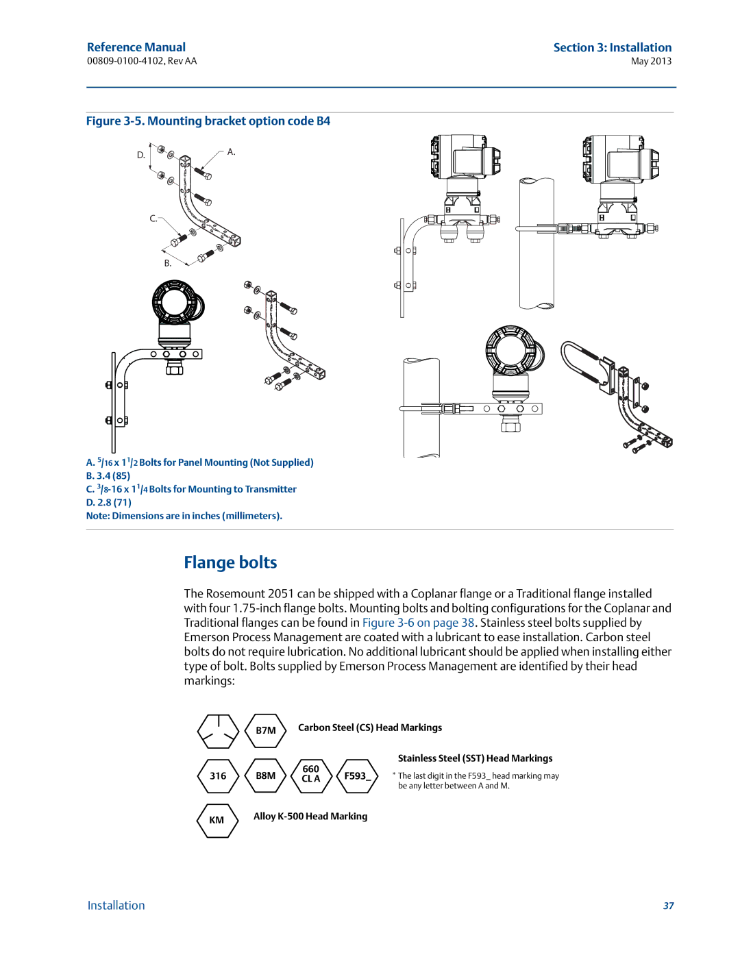 Emerson 00809-0100-4102 manual Flange bolts, Mounting bracket option code B4 