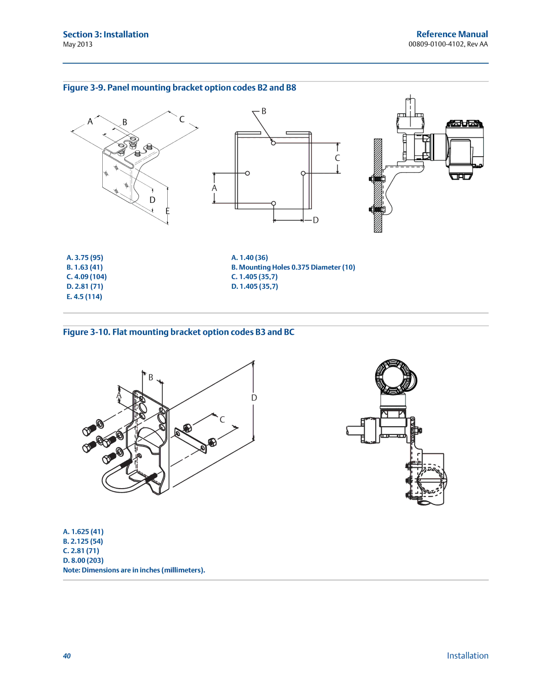 Emerson 00809-0100-4102 manual Panel mounting bracket option codes B2 and B8 