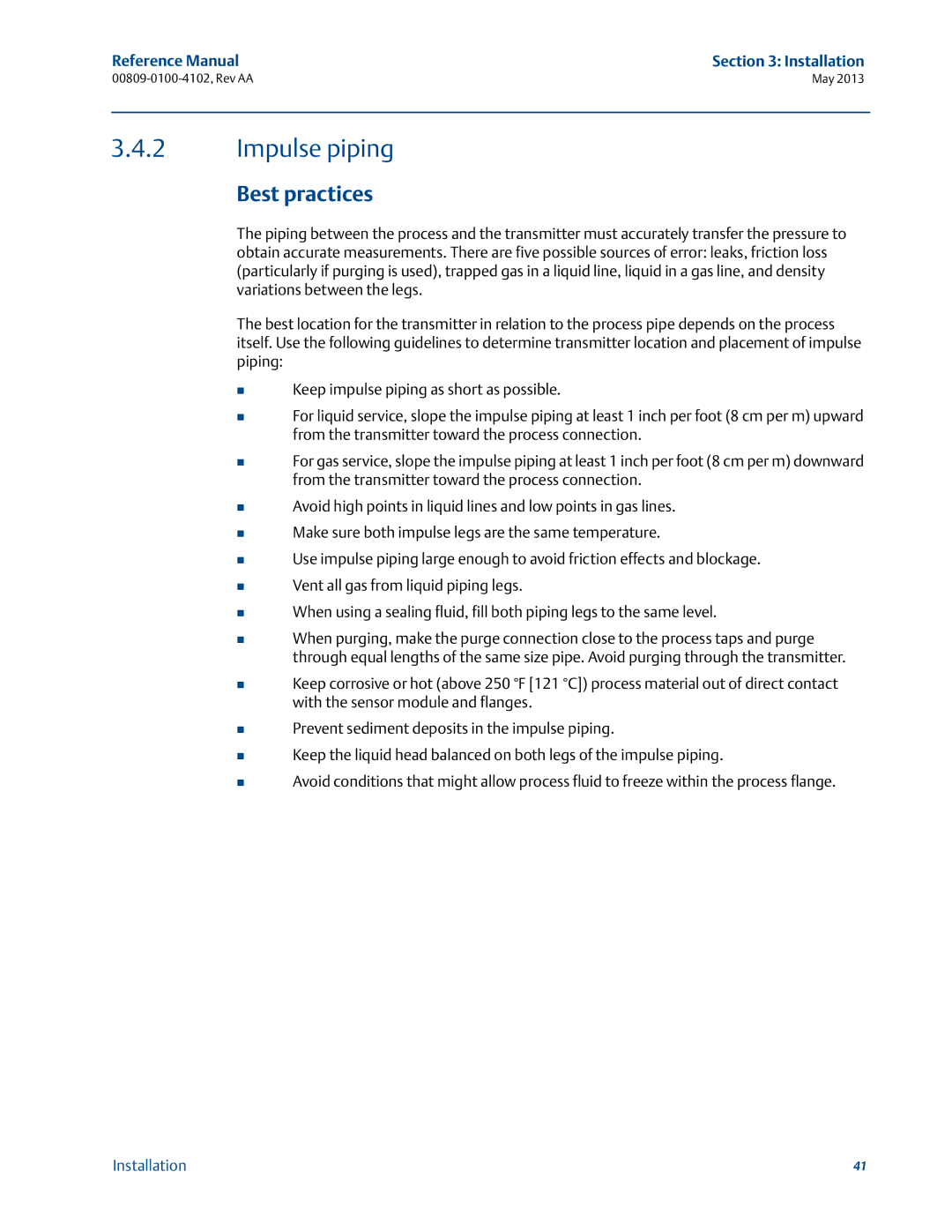 Emerson 00809-0100-4102 manual Impulse piping, Best practices 