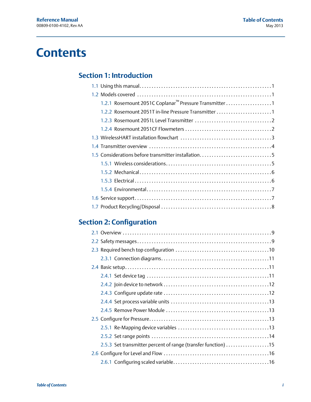 Emerson 00809-0100-4102 manual Contents 