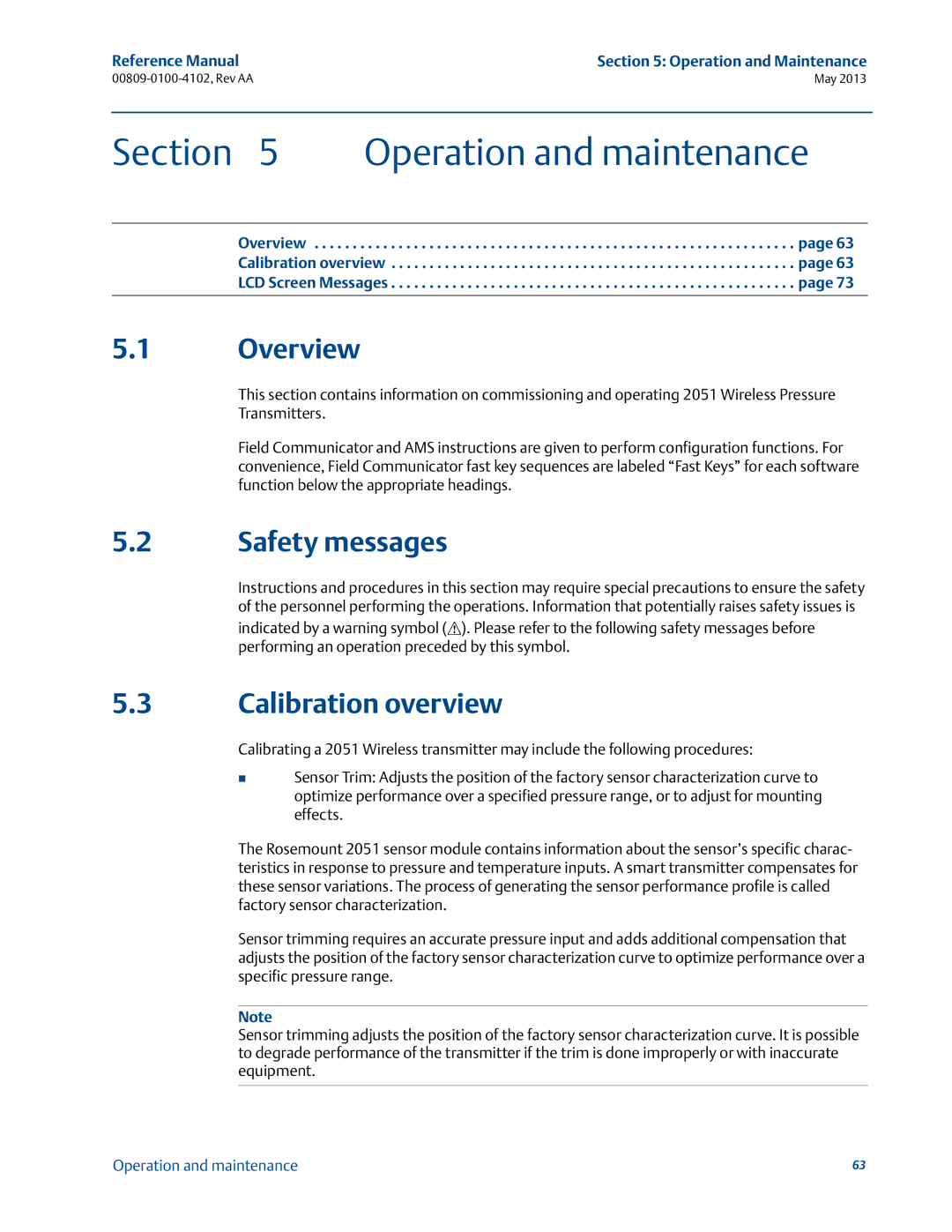 Emerson 00809-0100-4102 manual Operation and maintenance, Calibration overview 