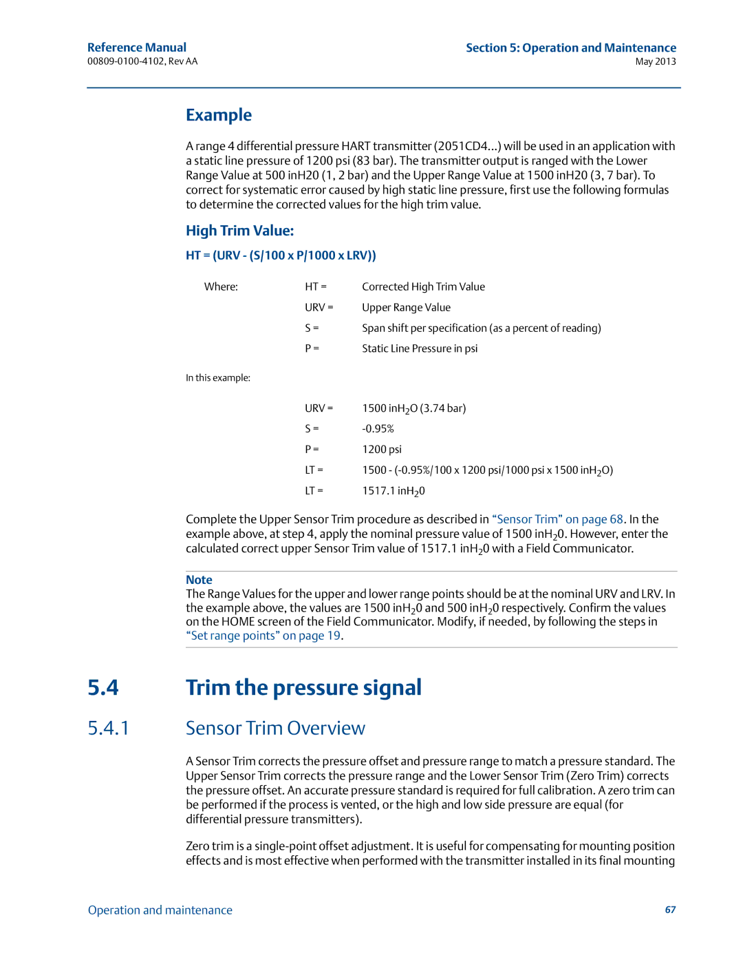 Emerson 00809-0100-4102 manual Trim the pressure signal, Sensor Trim Overview, Example, HT = URV S/100 x P/1000 x LRV 