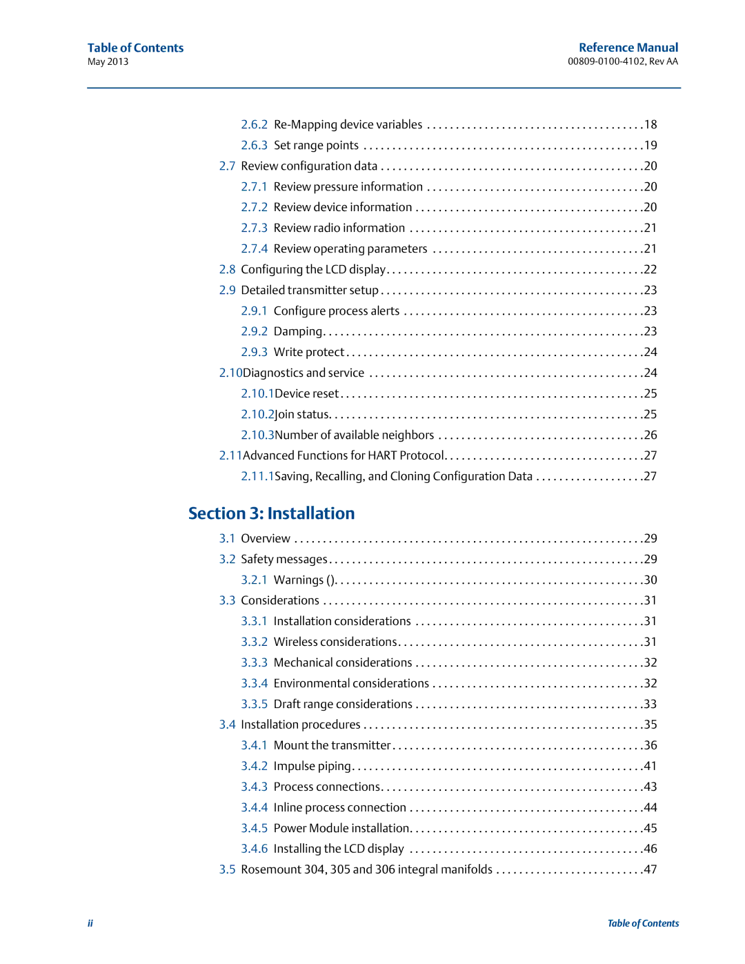 Emerson 00809-0100-4102 manual Installation, Table of Contents Reference Manual 