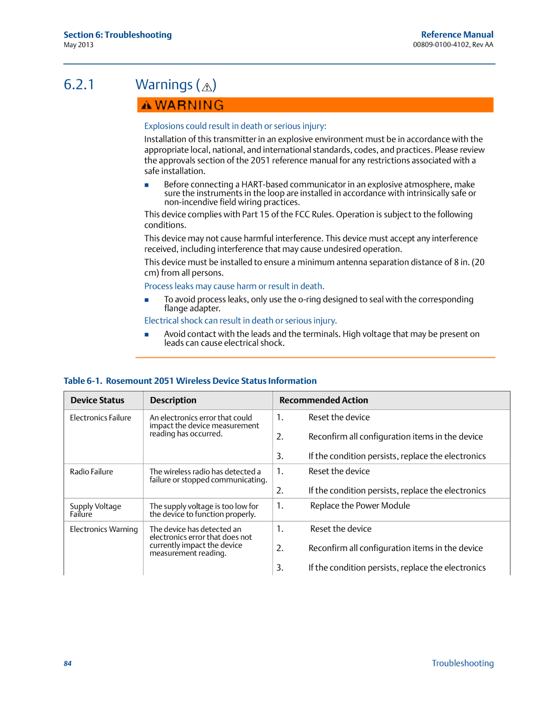 Emerson 00809-0100-4102 manual Troubleshooting Reference Manual, Rosemount 2051 Wireless Device Status Information 