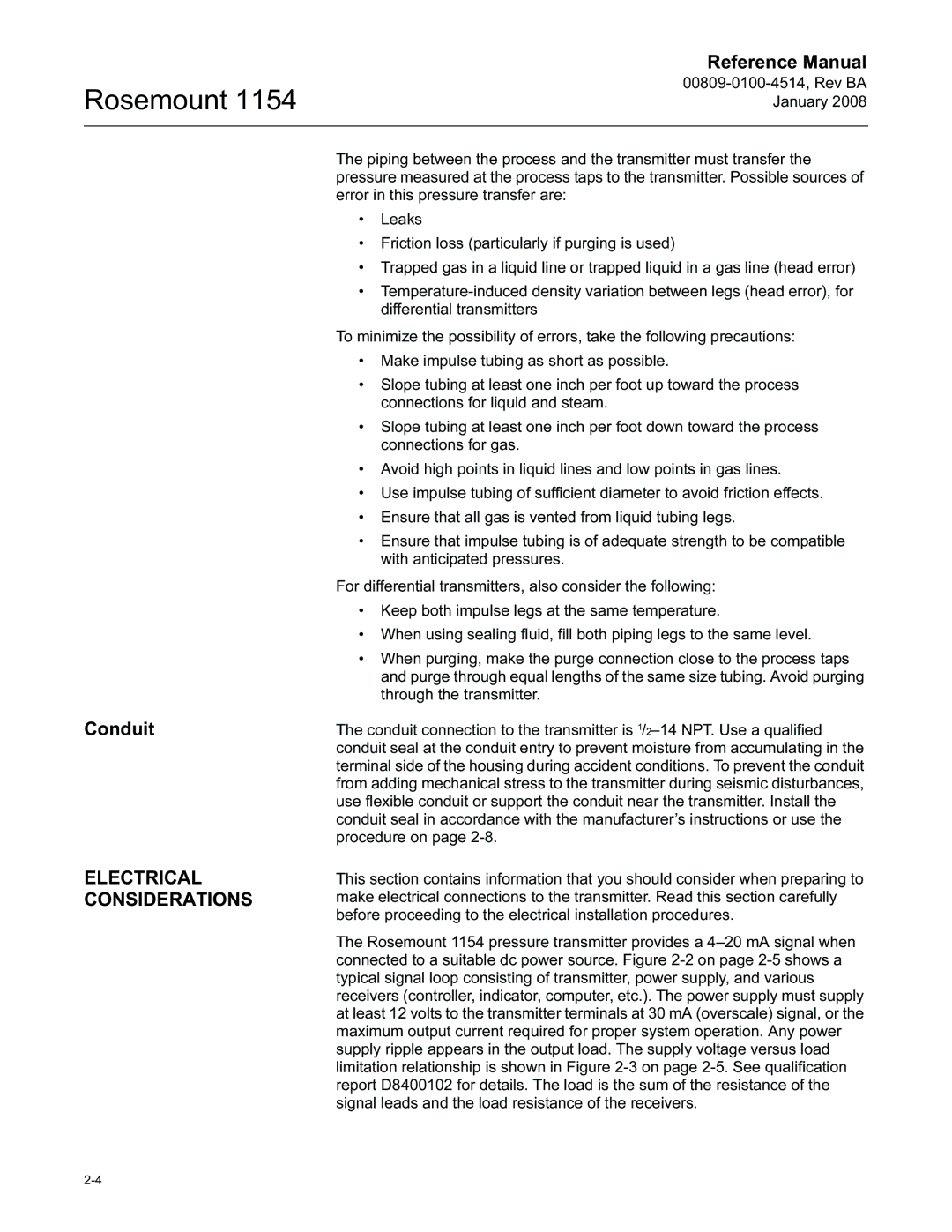 Emerson 00809-0100-4514, 1154 manual Conduit, Electrical Considerations 