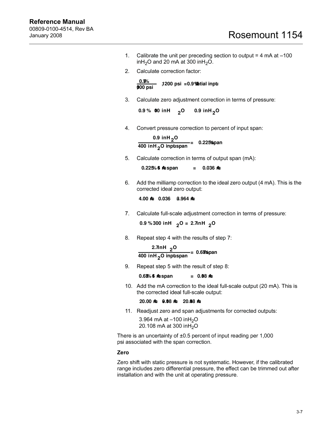 Emerson 1154, 00809-0100-4514 manual Calculate zero adjustment correction in terms of pressure 