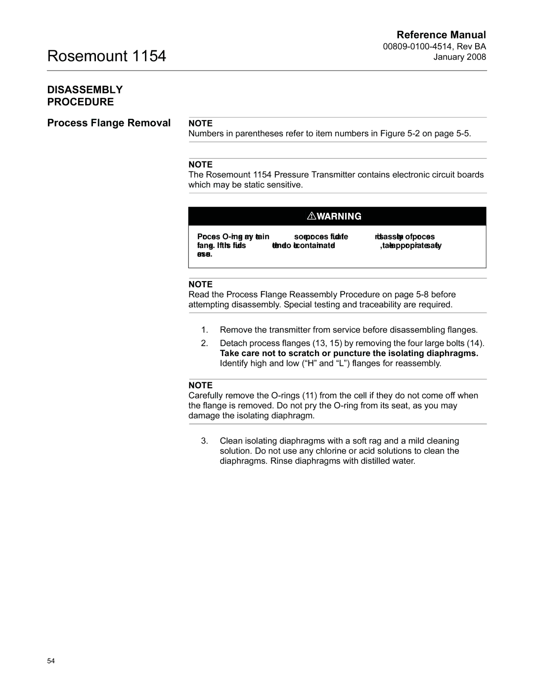 Emerson 00809-0100-4514, 1154 manual Disassembly Procedure, Process Flange Removal 