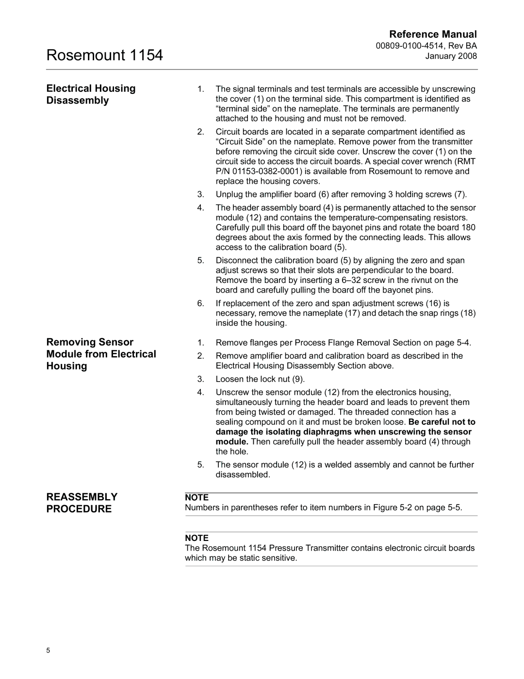 Emerson 00809-0100-4514, 1154 manual Reassembly Procedure 