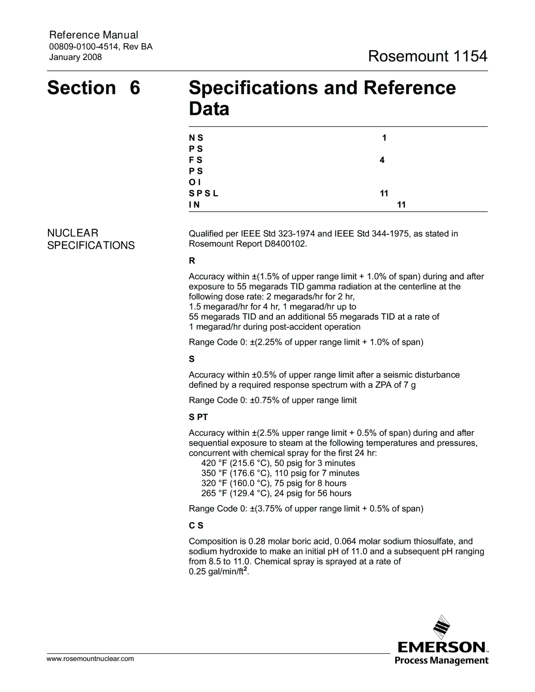 Emerson 1154, 00809-0100-4514 manual Specifications and Reference Data, Nuclear Specifications 