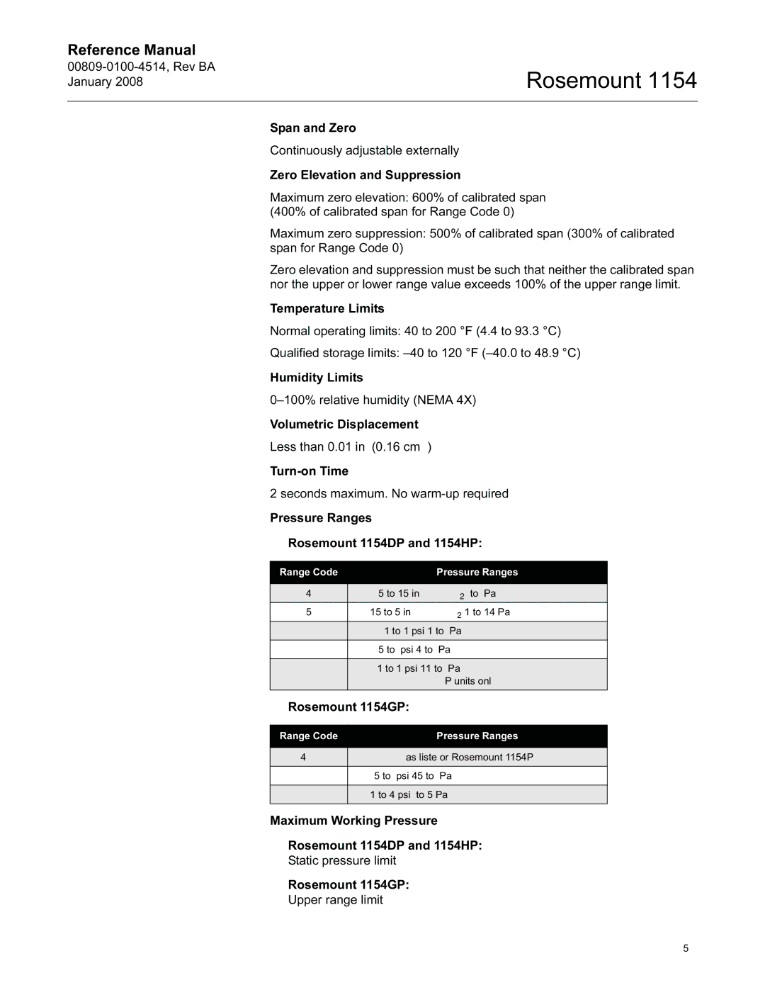 Emerson 1154, 00809-0100-4514 manual Range Code Pressure Ranges, 25 to 0-150 inH2O 0-6.22 to 0-37.3 kPa 