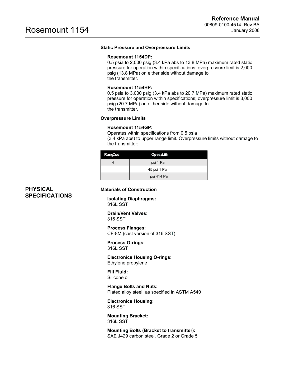 Emerson 00809-0100-4514, 1154 manual Physical Specifications, Range Code Overpressure Limit 