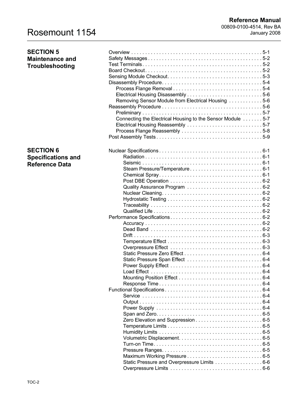 Emerson 00809-0100-4514, 1154 manual Section, Maintenance Troubleshooting, Specifications Reference Data 