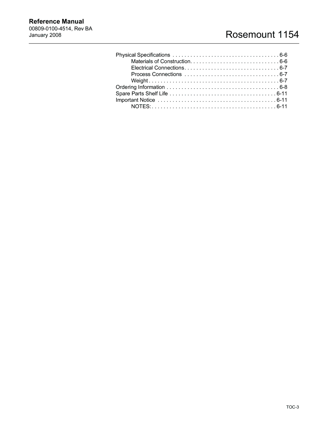 Emerson 1154, 00809-0100-4514 manual TOC-3 