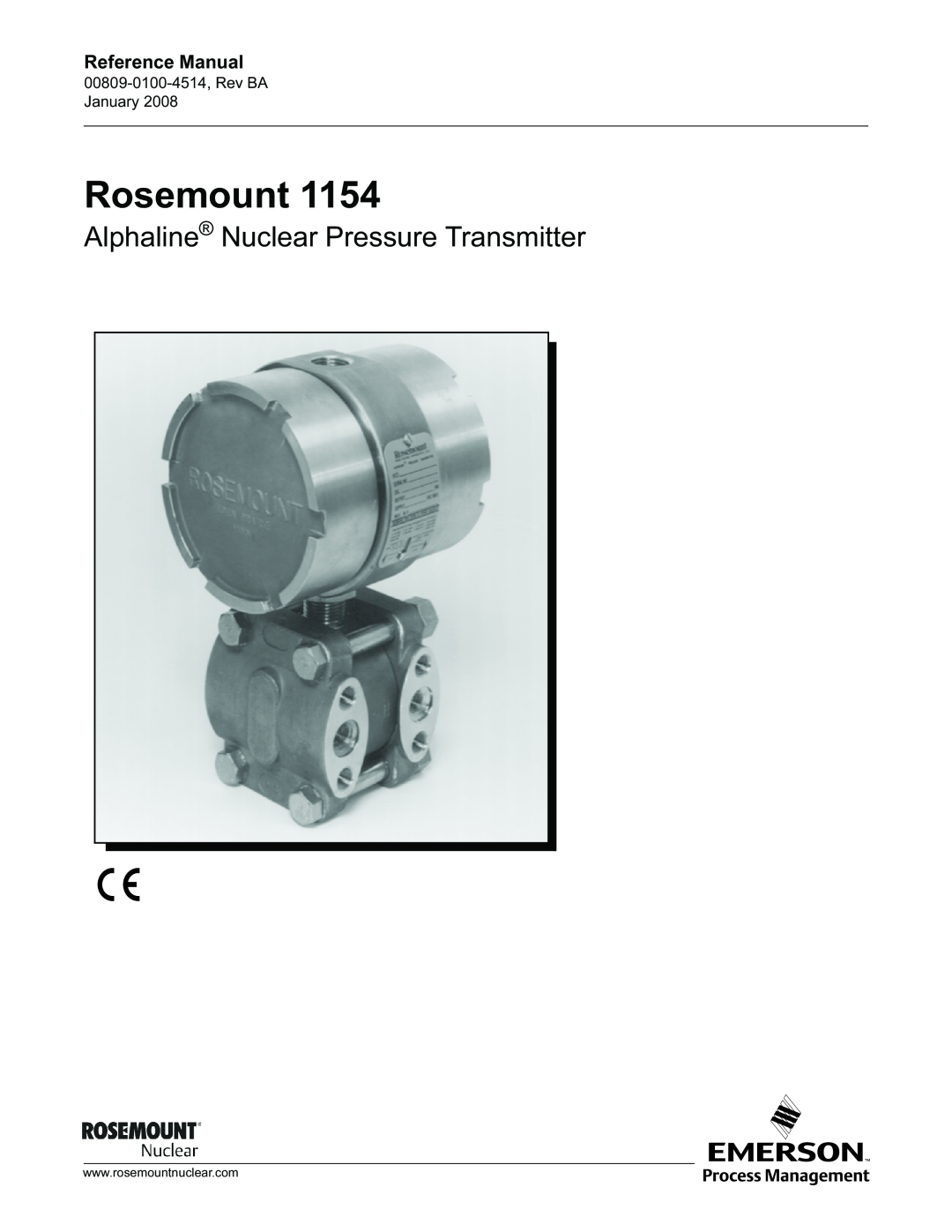 Emerson 1154, 00809-0100-4514 manual Rosemount, Alphaline Nuclear Pressure Transmitter, Reference Manual 