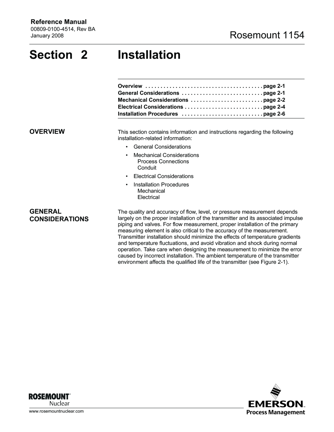 Emerson 1154, 00809-0100-4514 manual Installation, Overview General Considerations, Section, Rosemount, Reference Manual 