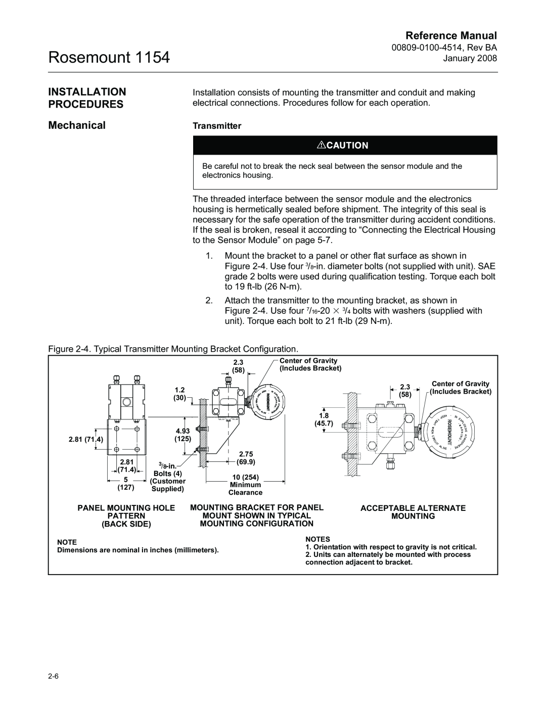 Emerson 00809-0100-4514, 1154 manual Installation, Procedures, Mechanical, Rosemount, Reference Manual 