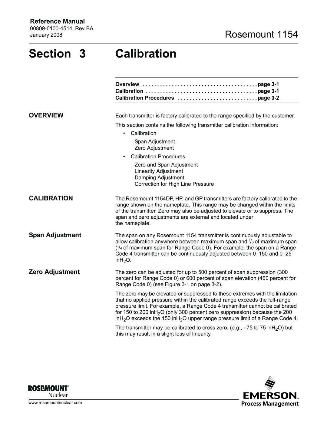 Emerson 1154 manual Calibration, OVERVIEW CALIBRATION Span Adjustment Zero Adjustment, Section, Rosemount, Reference Manual 