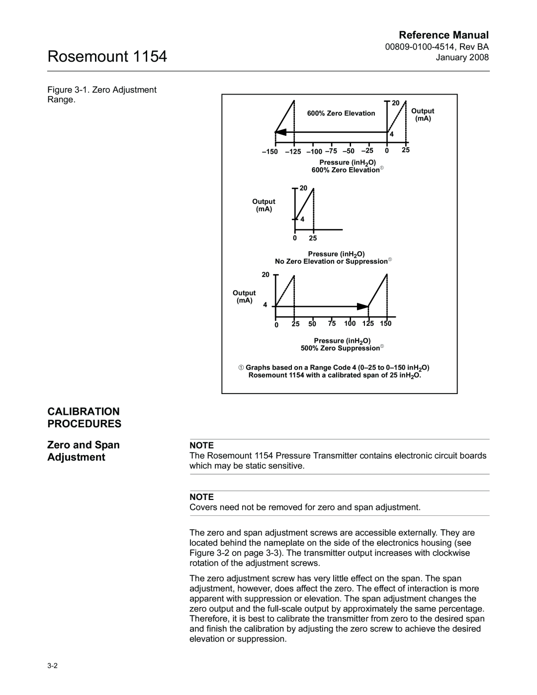 Emerson 00809-0100-4514, 1154 manual CALIBRATION PROCEDURES Zero and Span Adjustment, Rosemount, Reference Manual 