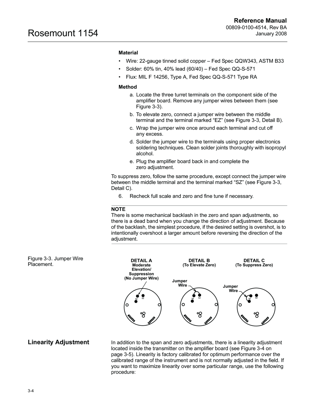 Emerson 00809-0100-4514, 1154 manual Linearity Adjustment, Rosemount, Reference Manual 