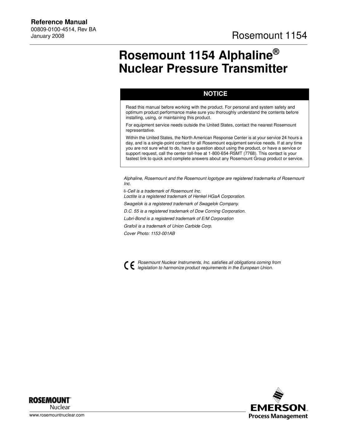 Emerson 00809-0100-4514 manual Reference Manual, Rosemount 1154 Alphaline Nuclear Pressure Transmitter 